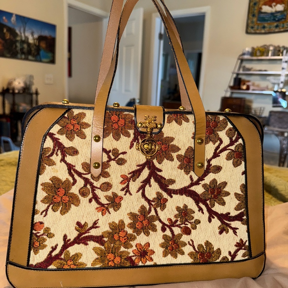 Vintage Floral Embroidered Tan Brown Orange Olive Green